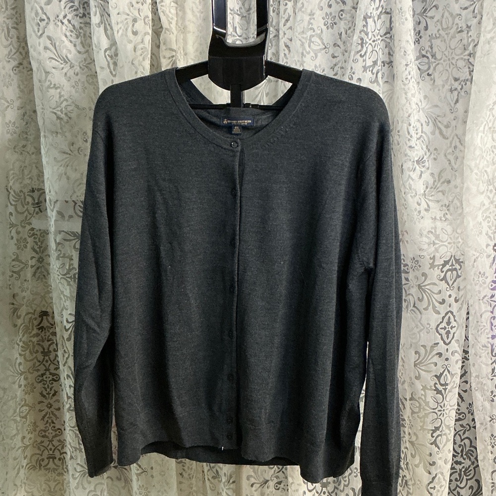 🟣 Brooks Brothers Women’s Merino Wool Dark Gray Button-Front Cardigan